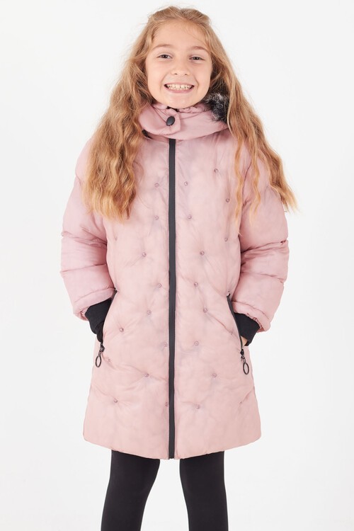 Kız Çocuk Mont Puantiyeli Kapüşonlu Şişme Mont 14532