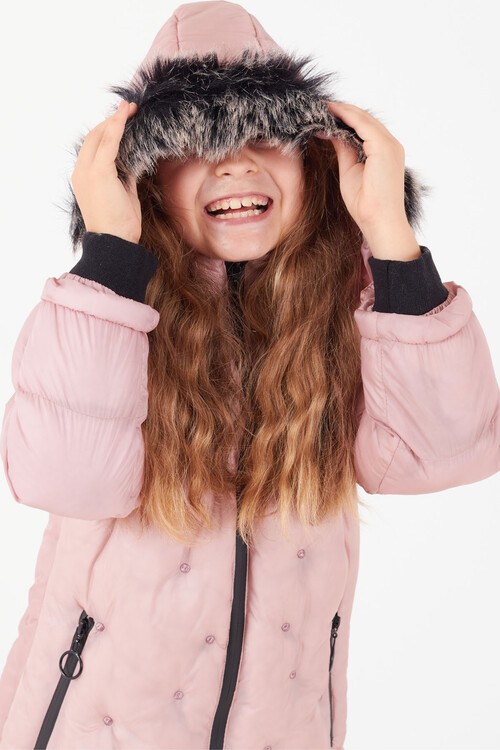 Kız Çocuk Mont Puantiyeli Kapüşonlu Şişme Mont 14532