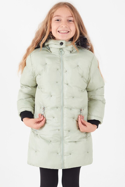 Kız Çocuk Mont Puantiyeli Kapüşonlu Şişme Mont 14532