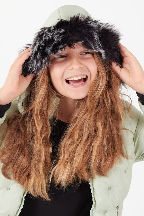 Kız Çocuk Mont Puantiyeli Kapüşonlu Şişme Mont 14532