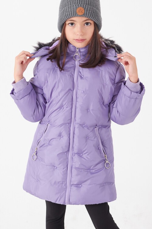 Kız Çocuk Mont Puantiyeli Kapüşonlu Şişme Mont 14532