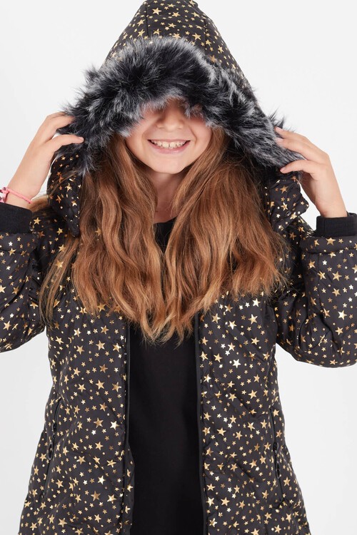 Kız Çocuk Mont Yıldız Desenli Kapüşonlu Şişme Mont 14535