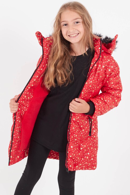 Kız Çocuk Mont Yıldız Desenli Kapüşonlu Şişme Mont 14535
