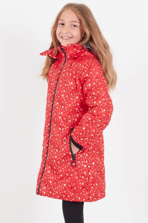 Kız Çocuk Mont Yıldız Desenli Kapüşonlu Şişme Mont 14535