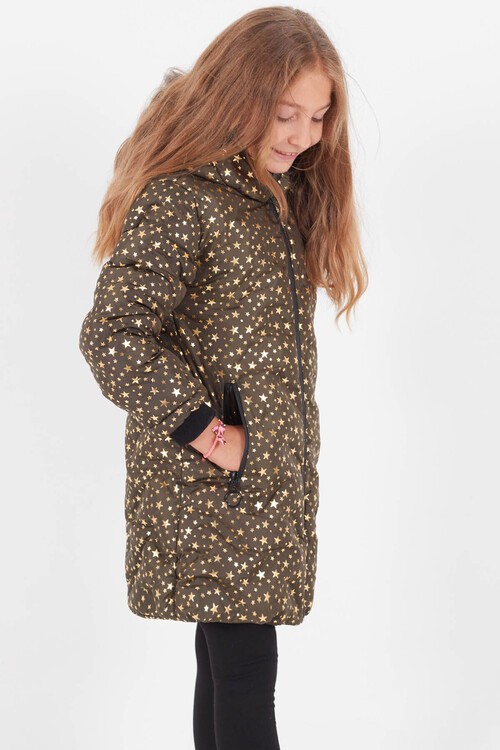 Kız Çocuk Mont Yıldız Desenli Kapüşonlu Şişme Mont 14535