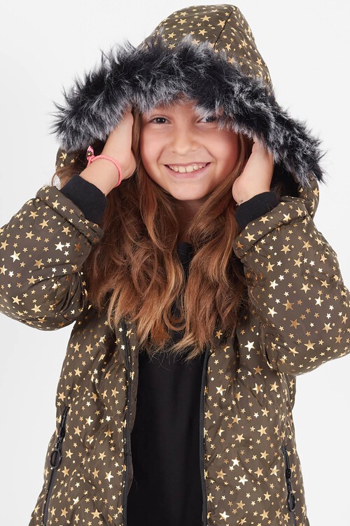Kız Çocuk Mont Yıldız Desenli Kapüşonlu Şişme Mont 14535