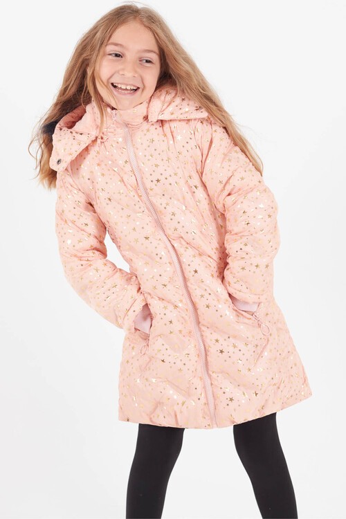 Kız Çocuk Mont Yıldız Desenli Kapüşonlu Şişme Mont 14535