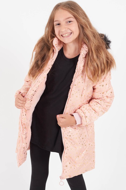 Kız Çocuk Mont Yıldız Desenli Kapüşonlu Şişme Mont 14535
