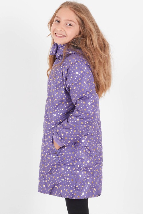 Kız Çocuk Mont Yıldız Desenli Kapüşonlu Şişme Mont 14535