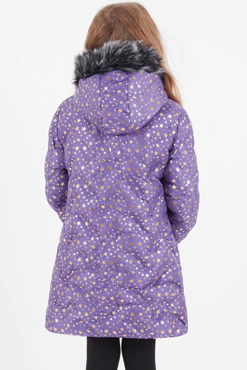 Kız Çocuk Mont Yıldız Desenli Kapüşonlu Şişme Mont 14535