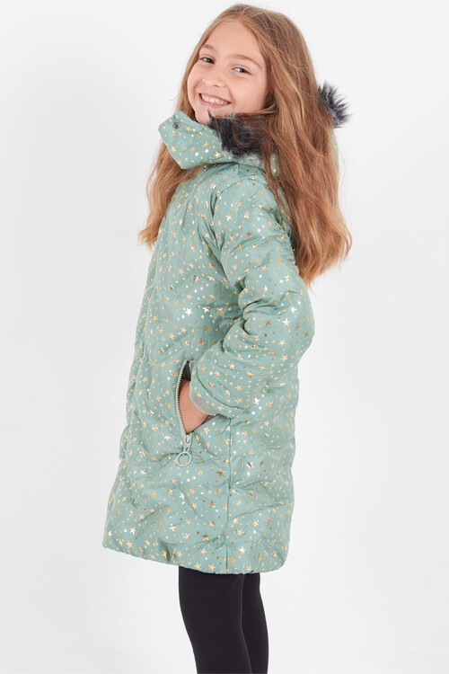 Kız Çocuk Mont Yıldız Desenli Kapüşonlu Şişme Mont 14535