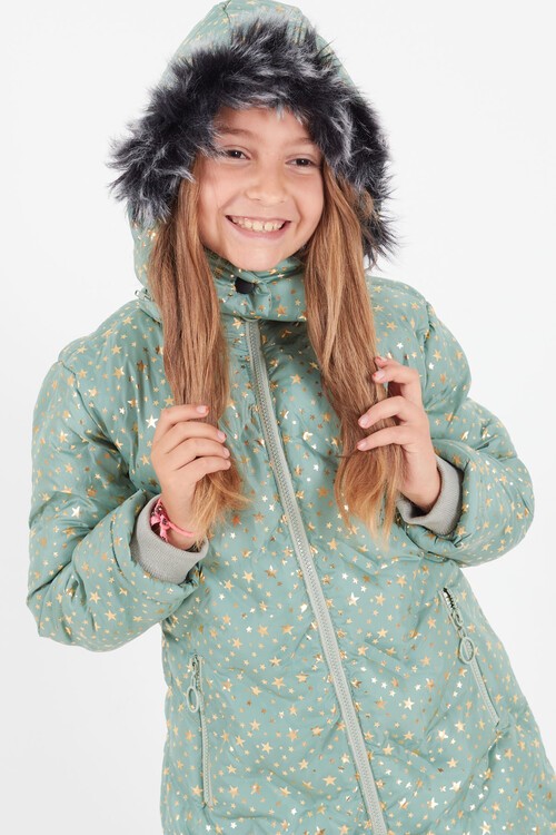 Kız Çocuk Mont Yıldız Desenli Kapüşonlu Şişme Mont 14535