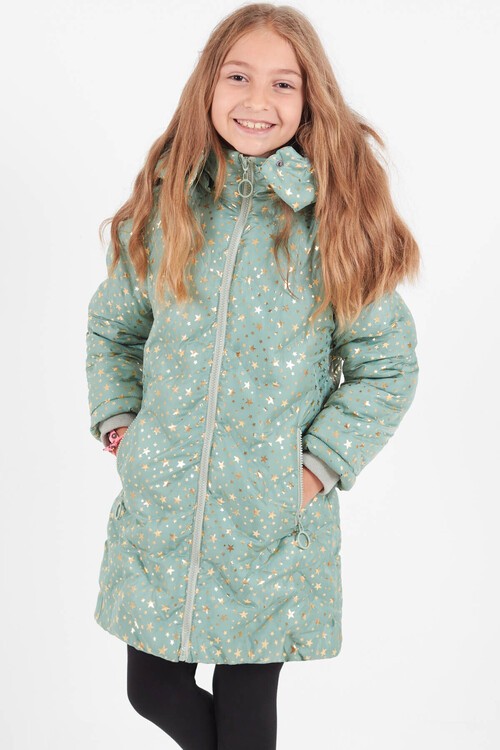 Kız Çocuk Mont Yıldız Desenli Kapüşonlu Şişme Mont 14535