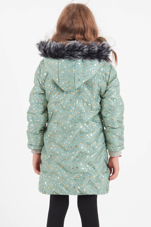 Kız Çocuk Mont Yıldız Desenli Kapüşonlu Şişme Mont 14535