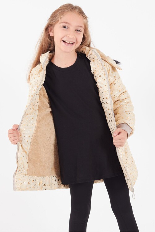 Kız Çocuk Mont Yıldız Desenli Kapüşonlu Şişme Mont 14535