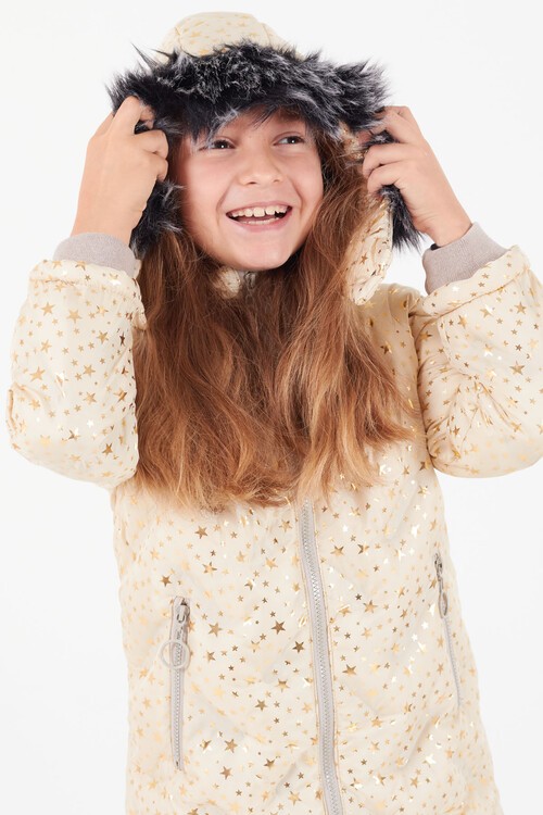 Kız Çocuk Mont Yıldız Desenli Kapüşonlu Şişme Mont 14535