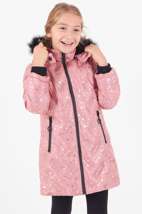 Kız Çocuk Mont Yıldız Desenli Kapüşonlu Şişme Mont 14535