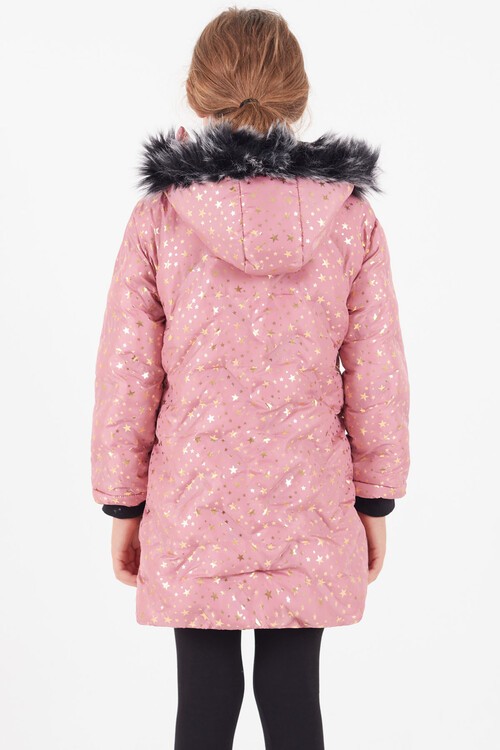 Kız Çocuk Mont Yıldız Desenli Kapüşonlu Şişme Mont 14535