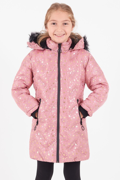 Kız Çocuk Mont Yıldız Desenli Kapüşonlu Şişme Mont 14535