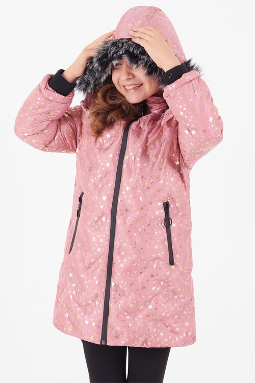 Kız Çocuk Mont Yıldız Desenli Kapüşonlu Şişme Mont 14535