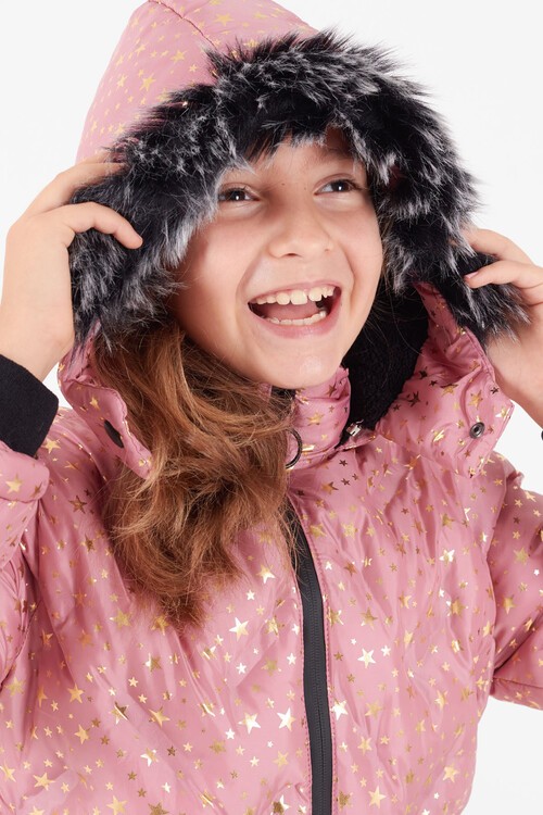 Kız Çocuk Mont Yıldız Desenli Kapüşonlu Şişme Mont 14535