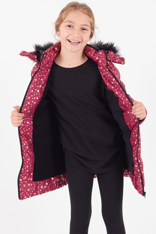 Kız Çocuk Mont Yıldız Desenli Kapüşonlu Şişme Mont 14535