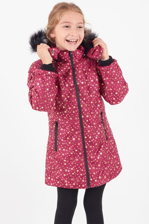 Kız Çocuk Mont Yıldız Desenli Kapüşonlu Şişme Mont 14535