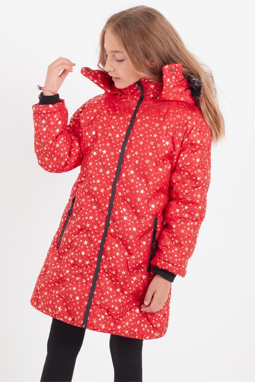 Kız Çocuk Mont Yıldız Desenli Kapüşonlu Şişme Mont 14535