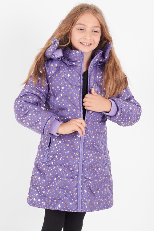 Kız Çocuk Mont Yıldız Desenli Kapüşonlu Şişme Mont 14535