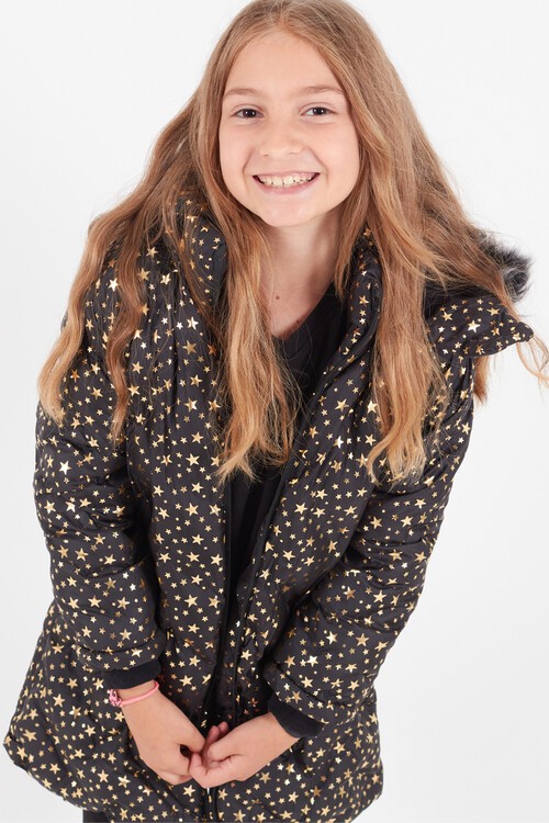Kız Çocuk Mont Yıldız Desenli Kapüşonlu Şişme Mont 14535