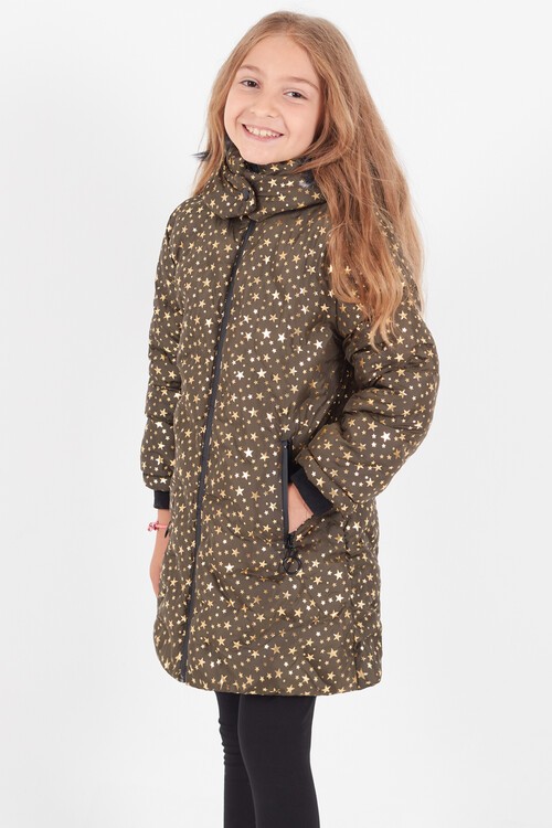 Kız Çocuk Mont Yıldız Desenli Kapüşonlu Şişme Mont 14535