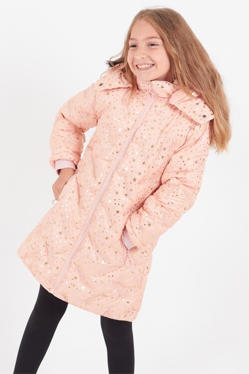 Kız Çocuk Mont Yıldız Desenli Kapüşonlu Şişme Mont 14535