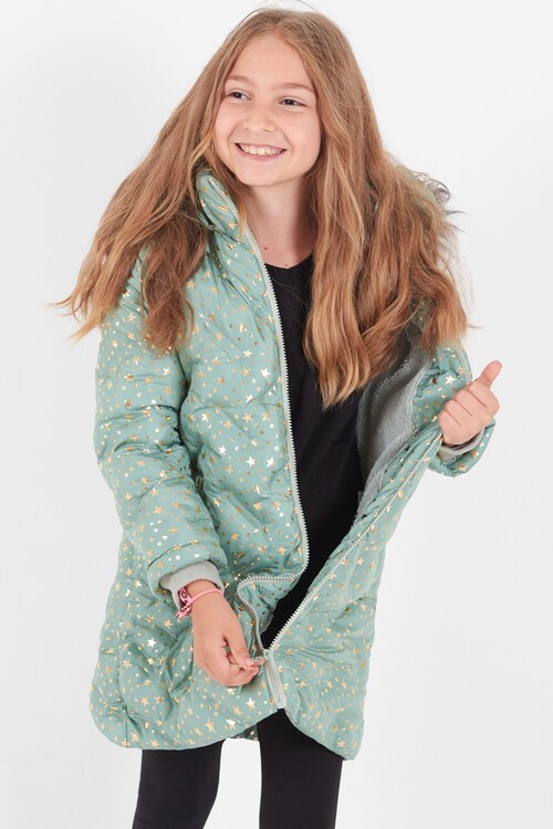 Kız Çocuk Mont Yıldız Desenli Kapüşonlu Şişme Mont 14535