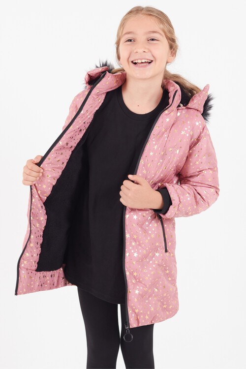 Kız Çocuk Mont Yıldız Desenli Kapüşonlu Şişme Mont 14535