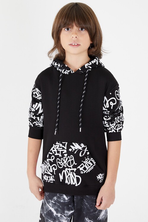Erkek Çocuk Kolları Yazılı Polarlı Kapşonlu Sweatshirt 14617