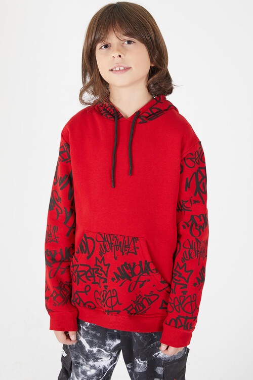 Erkek Çocuk Kolları Yazılı Polarlı Kapşonlu Sweatshirt 14617
