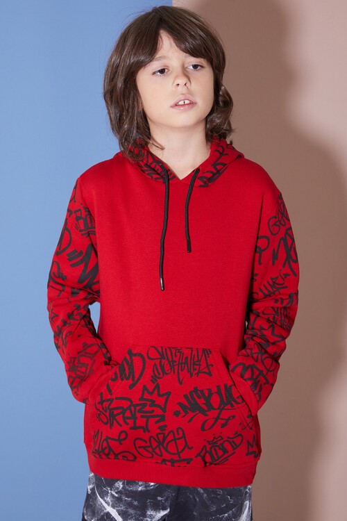 Erkek Çocuk Kolları Yazılı Polarlı Kapşonlu Sweatshirt 14617