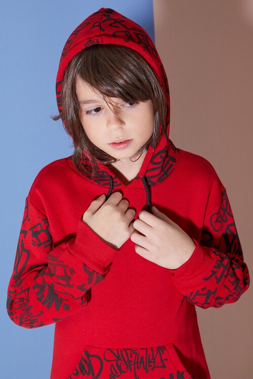 Erkek Çocuk Kolları Yazılı Polarlı Kapşonlu Sweatshirt 14617