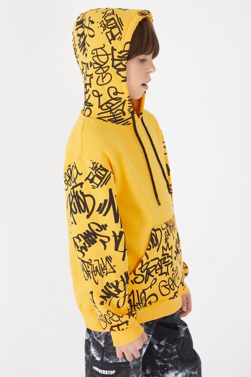 Erkek Çocuk Kolları Yazılı Polarlı Kapşonlu Sweatshirt 14617