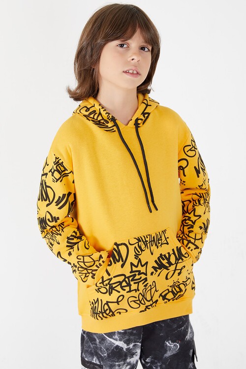 Erkek Çocuk Kolları Yazılı Polarlı Kapşonlu Sweatshirt 14617