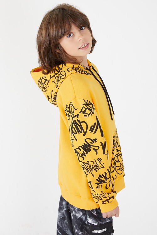 Erkek Çocuk Kolları Yazılı Polarlı Kapşonlu Sweatshirt 14617
