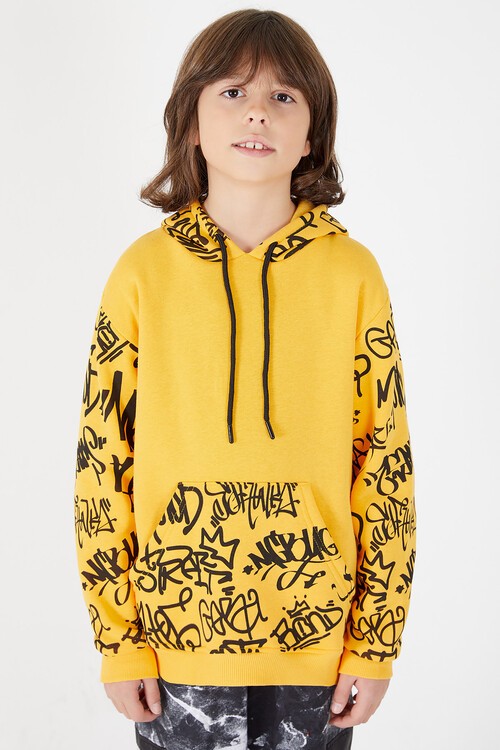 Erkek Çocuk Kolları Yazılı Polarlı Kapşonlu Sweatshirt 14617