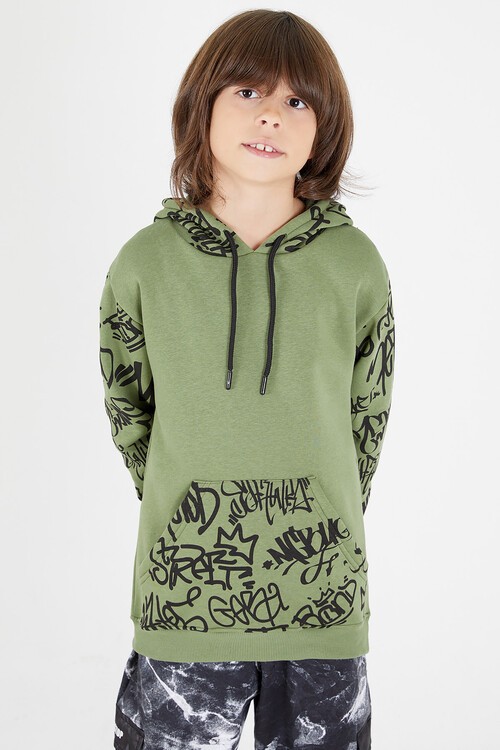 Erkek Çocuk Kolları Yazılı Polarlı Kapşonlu Sweatshirt 14617