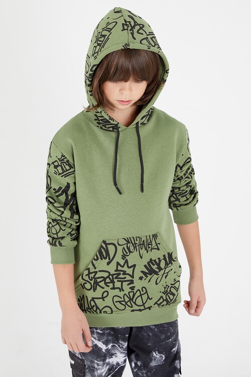 Erkek Çocuk Kolları Yazılı Polarlı Kapşonlu Sweatshirt 14617