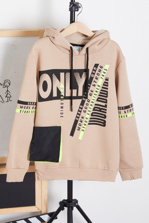 Erkek Çocuk Only Yazı Baskılı Polarlı Kapüşonlu Sweatshirt 14603