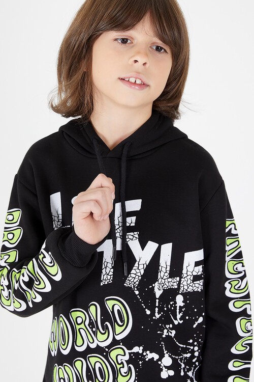 Erkek Çocuk Yazı Baskılı Kapüşonlu Sweatshirt 9-14 Yaş 14147