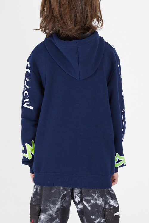 Erkek Çocuk Yazı Baskılı Polarlı Kapüşonlu Sweatshirt 14604