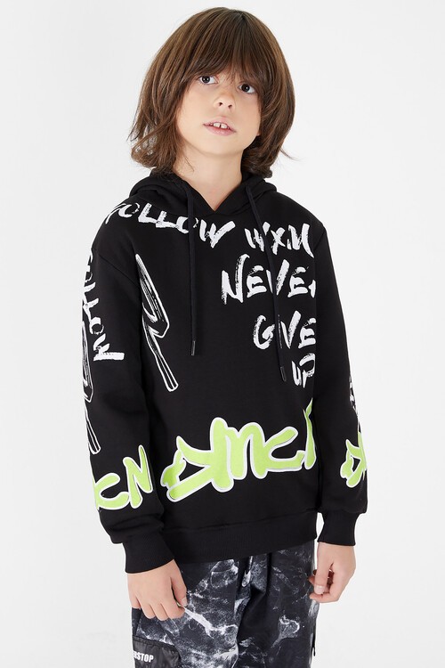 Erkek Çocuk Yazı Baskılı Polarlı Kapüşonlu Sweatshirt 14604