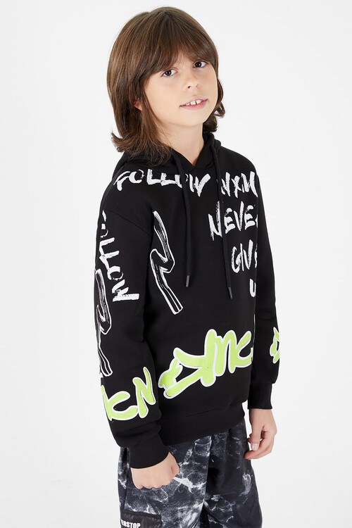 Erkek Çocuk Yazı Baskılı Polarlı Kapüşonlu Sweatshirt 14604