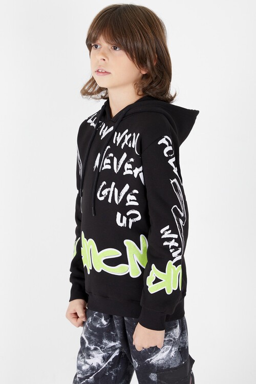 Erkek Çocuk Yazı Baskılı Polarlı Kapüşonlu Sweatshirt 14604